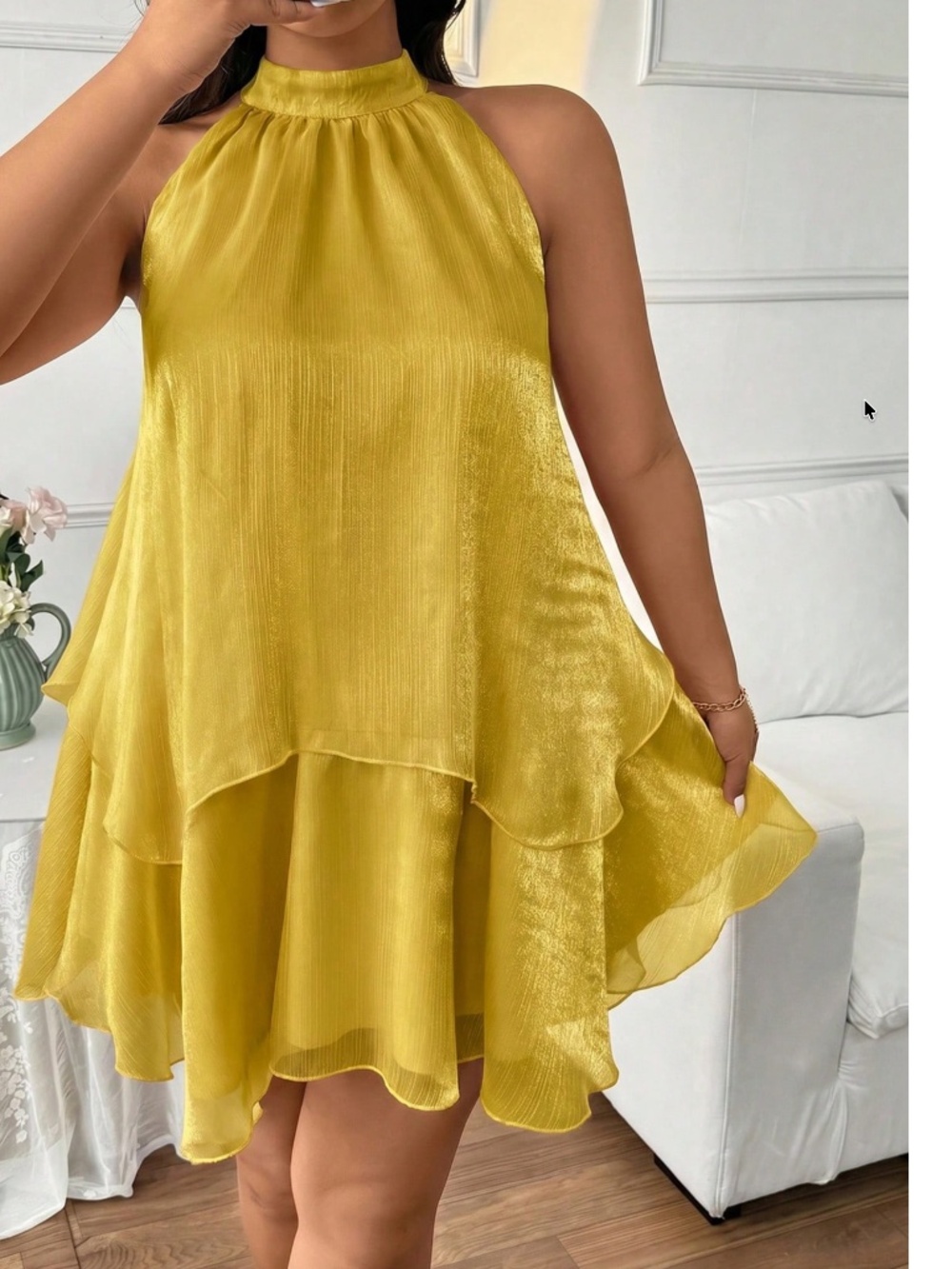 Plus Textured Solid Halter Neck Layered Ruffle Hem Dress